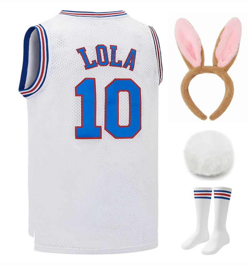 OKnown Lola #10 Bunny Space Mens Movie Jersey Looney Basketball Jersey Halloween Costumes Set with Bunny Head Hoop & Socks White M - Image 1